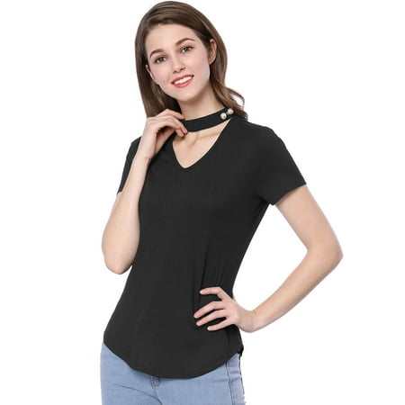 Pearl V-neck - Unique Bargains Women's Pearl Decor Choker V-neck Blouse Ribbed Top Black (Size L / 14)