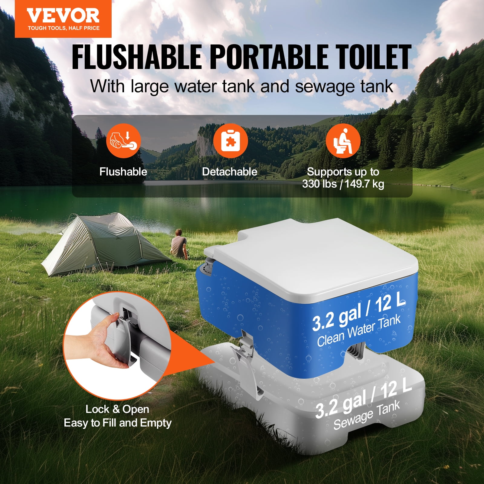 VEVOR Portable Camping Toilet, RV Toilet with 3.2 Gal Waste Tank, Push-Button Pressurized Flush Commode, Leak-proof and Odourless Travel Toilet for Adults Kids Camping Car