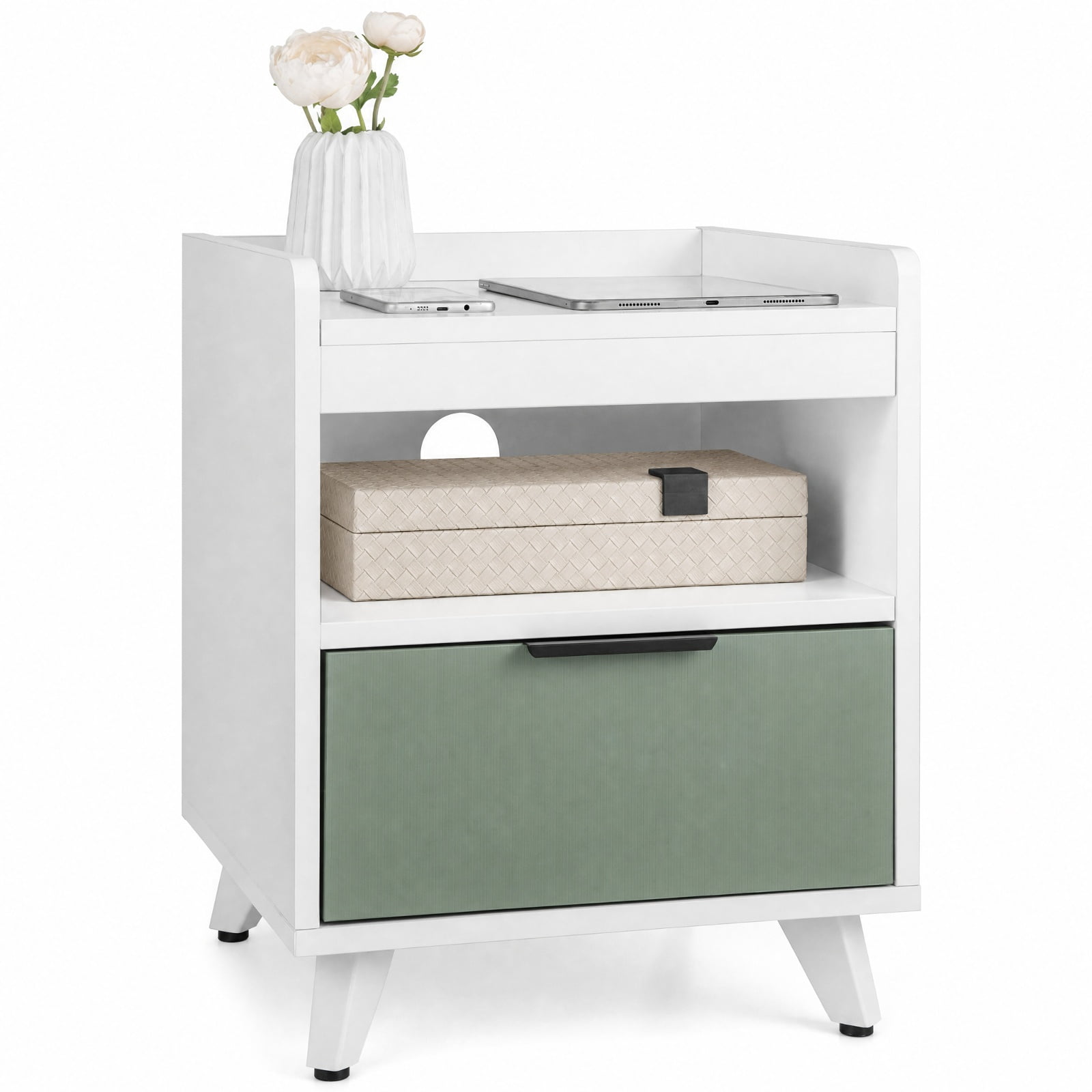 Furnibear Modern Nightstand with LED Lights Sliding Drawer and Open Compartment for Bedroom Living Room Bedside Sofa Side Small Space, White