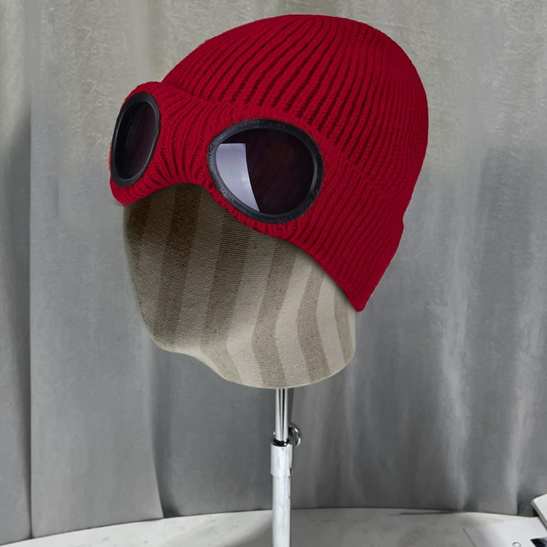 Goggle Lens Beanie Ribbed Knit Cuffed Winter Ski Hat Skull Cap