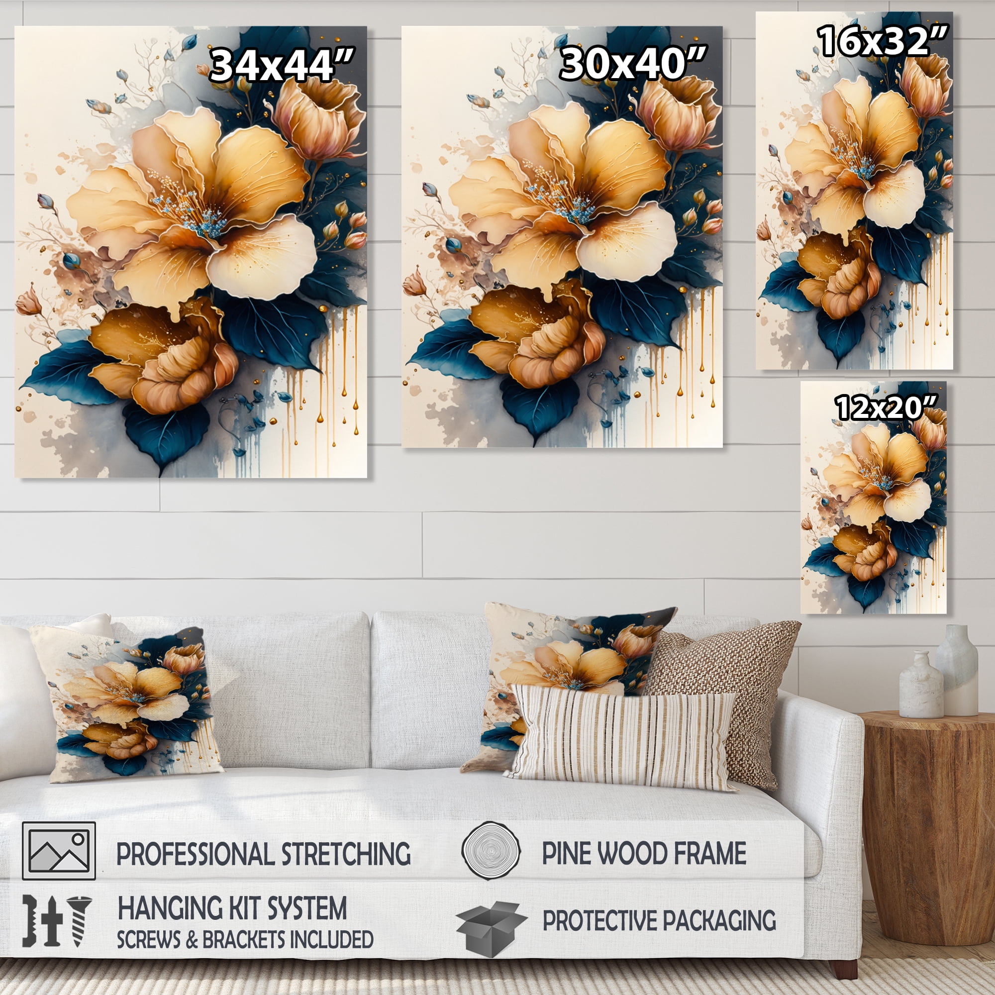 Designart Orange And Blue Hibiscus Bunch II Canvas Wall Art