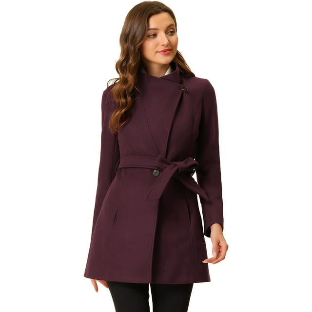 INSPIRE CHIC Manteau Long Classique pour Femme à Col Montant, Manches Longues, d'Hiver, Ceinturé, Violet Foncé Rouge TG