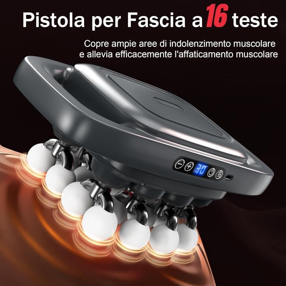 16-Head Percussion Massager with 9 Attachments - Cordless, Adjustable Speed Deep Muscle Massage Gun for Body Relaxation in Dark Grey