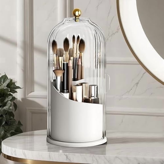 Makeup Brush Holder with Lid Cosmetic Tools Organizer 360 Rotating Waterproof Dustproof Make Up Brushes Storage for Vanity Bathroom Countertop