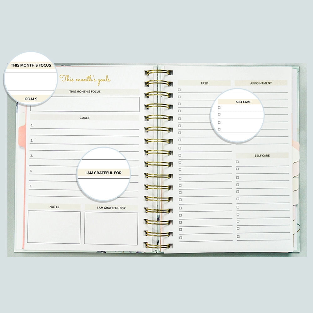 CSCHome Durable Planner 2023-2024, Coil A5 Notebook, Fine Floral Printing Hard Cover Weekly Planner , Flat 180° Spreadable for Students, Office Workers
