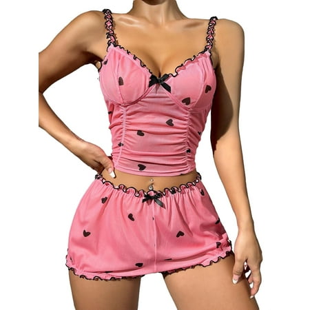

Cute Heart Print Spaghetti Strap Short Sets Sleeveless Pink Womens Pajama Sets (Women s)