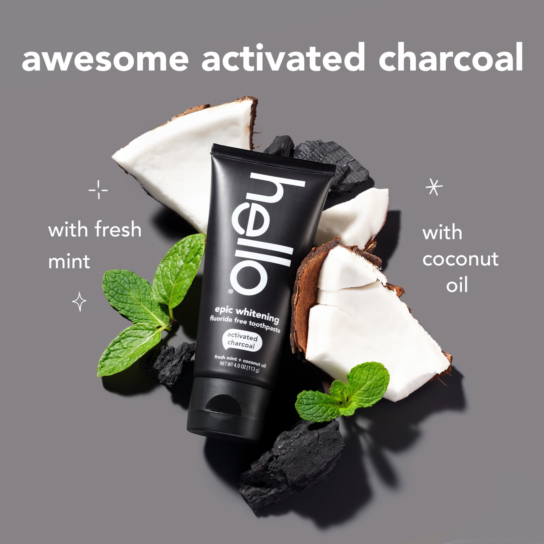 (3 pack) hello Epic Whitening Charcoal Fluoride Free Toothpaste, Fresh Mint, 4.0 Oz Tube