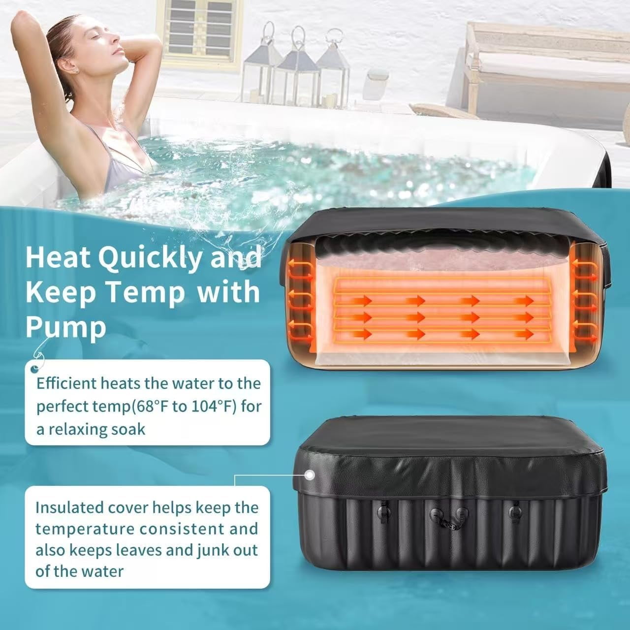 Outdoor Inflatable Hot Tub Spa for 6 Person, Square 240 Gallon Air Jet Hot Tub with 130 Bubble Jets, Pool Heater, Insulated Cover and Filters, Portable Hot Tubs for Patio, Backyard