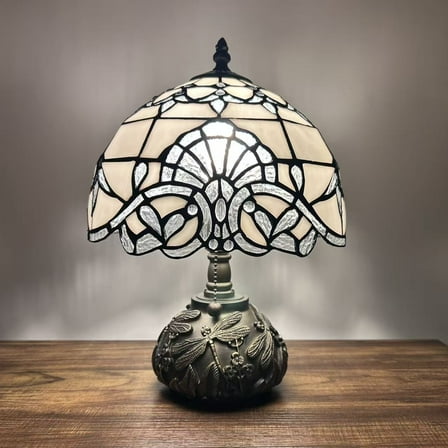 Tiffany Table Lamp White Baroque Style Lavender Stained Glass LED Bulb Included Dragonfly Base for Living Room Bedroom Bedside 10"W*10"D*14"H