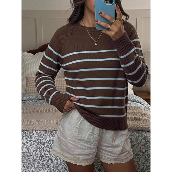 Women Brown And Light Blue Striped Long Sleeve Knit Sweater, Classic