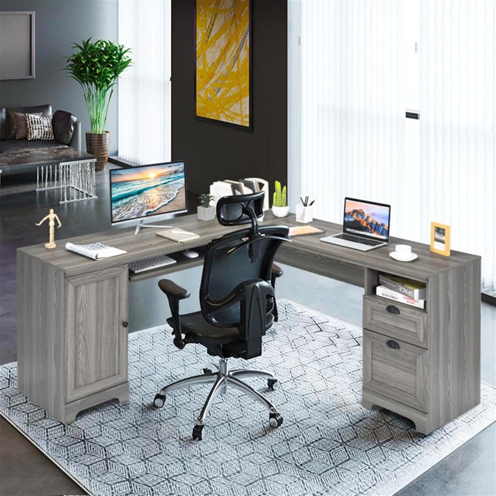 Demi Bonn 2-Drawer Home Office Desk with Steel Frame, Small Home Computer Desk Study Writing Table, Gray