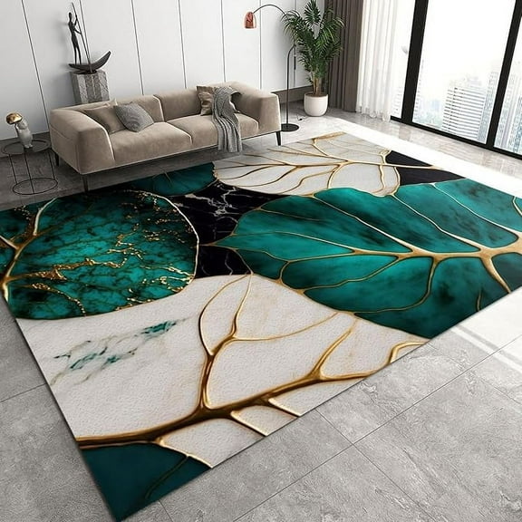 Emerald Green Plant Area Rug, Luxurious Tropical Gold Striped Leaves Washable Carpet, With Non-Slip Backing Indoor Rugs For Living Room Bedroom Dining Room 5' x 6'