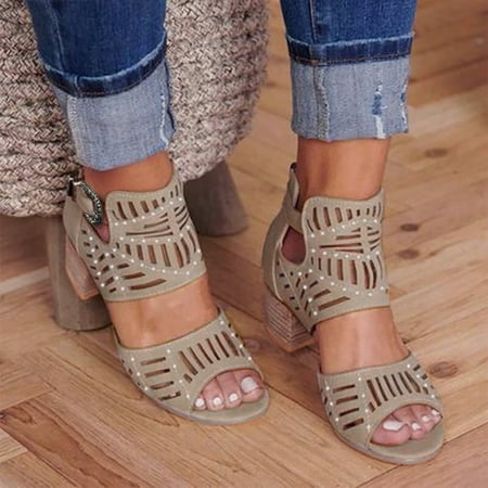 

LIANGP Women s Sandals Fashion Fish Mouth Sandals Open Toe Chunky Heels Solid Buckle Casual Shoes Sandals Women s Shoes Khaki Size 8.5