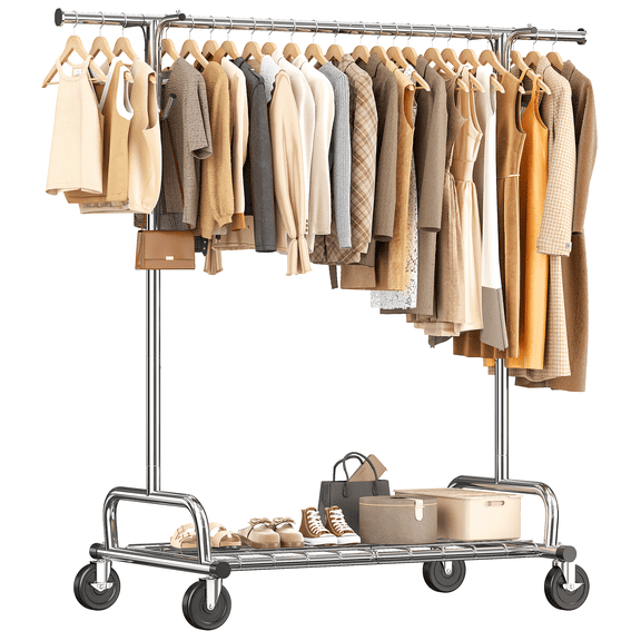 EnHomee Heavy Duty Clothes Rack 485LBS,Adjustable Garment Rack with Hooks, Shelf&Lockable Wheels for Closet Bedroom,Chrome