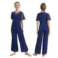 thumbnail image 6 of Hansber Kids Girls Sparkly Rhinestones Wide Leg Jumpsuit Long Pants Short Sleeve High Waist One Piece Romper Navy Blue 10, 6 of 6