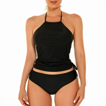 Black Women Bikinis Set  Women S Neck Hanging Retro Lace Up Swimsuit Beach Split Backless Solid Color Bikini Swimsuit Seaside Party Split Swimsuit Women s Bikinis Set L