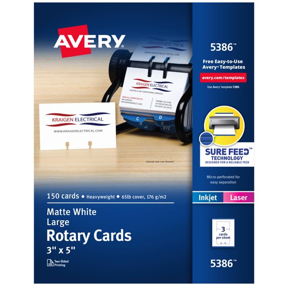 Tarjetas giratorias imprimibles Avery Sure Feed, 3 x 5 unidades, color blanco, 150 tarjetas