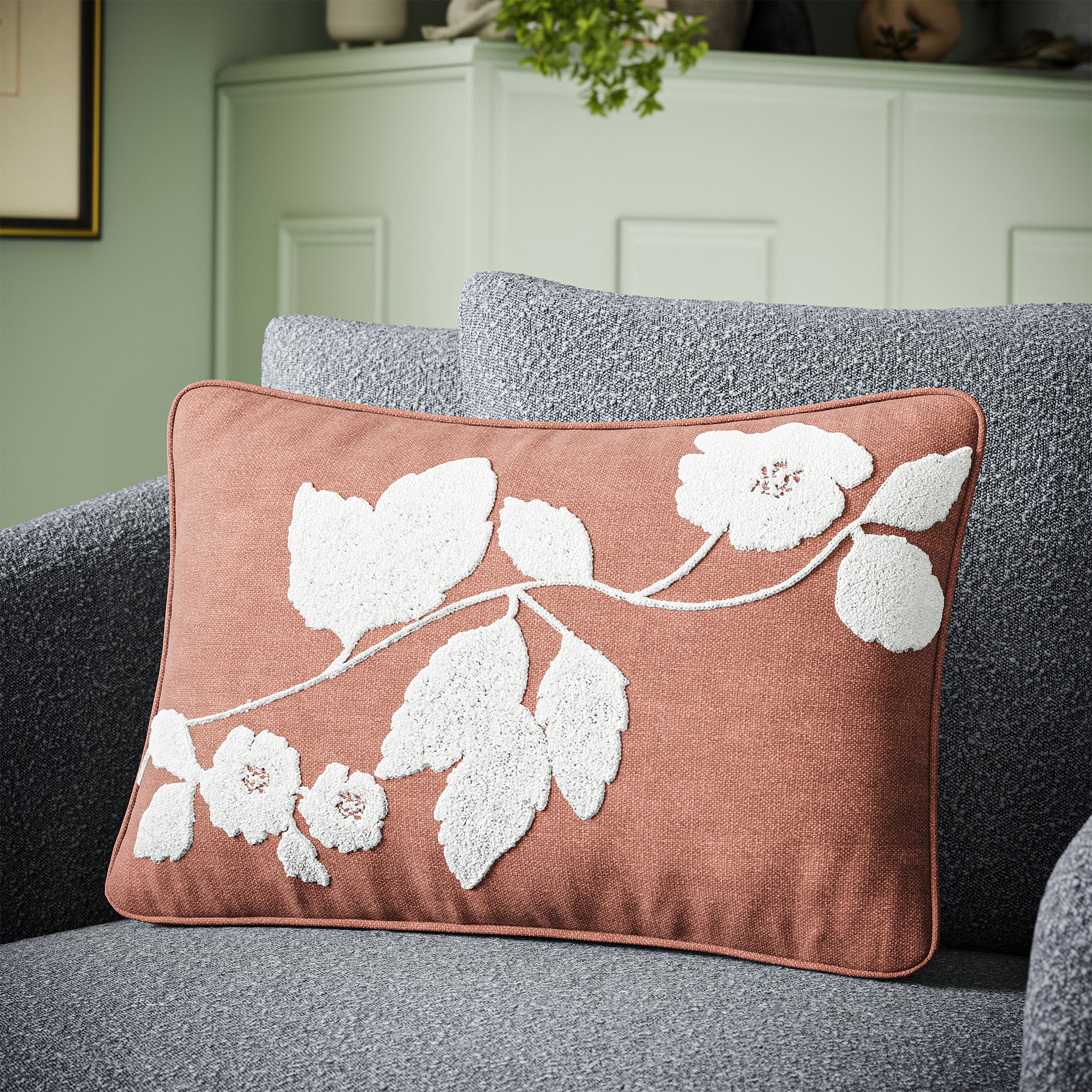 (2 pack) Beautiful Boucle Embroidered Floral Decorative Pillow by Drew Barrymore, 14" x 20", Terracotta