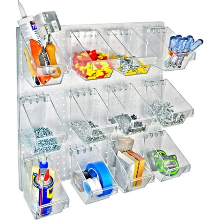Azar Displays 700685 12 Bucket Peg Wall Accessory Organizer Set 24"W x 24"H Pegboard Panel, Clear