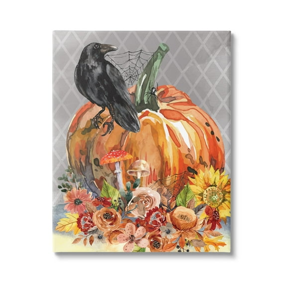 Stupell Industries Autumn Crow Pumpkin Botanicals Holiday Painting Gallery Wrapped Canvas Print Wall Art
