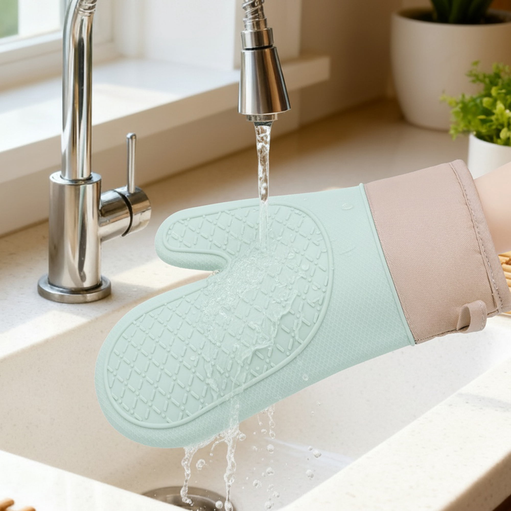 Unique Bargains Pot Holders Heat Resistant Kitchen Gloves Green 10.9x7.1inch