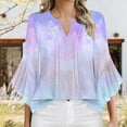 thumbnail image 2 of Light Royal Blue Ruffle 3/4 Bell Sleeve T Shirts for Women Summer Fall Vneck Spandex Gradient Loose Fit Casual Ruched Tops Shirt Women 2025 Clothes Fashion Country Concert Y2K M, 2 of 5