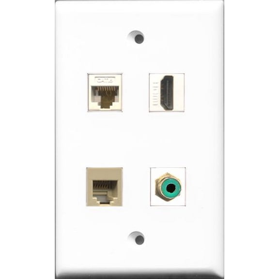 RiteAV 1 Port HDMI and 1 Port RCA Green and 1 Port Phone RJ11 RJ12 Beige and 1 Port Cat6 Ethernet White Wall Plate