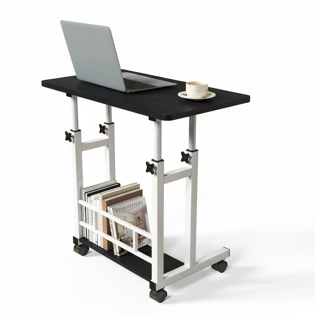 Adjustable Height Mobile Standing Desk with Wheels, 31.5×15.75 Inch Portable Rolling Laptop Computer Desk, 27.16"-35.43" Height Sit Stand Workstation for Small Space Home Office Bedroom White