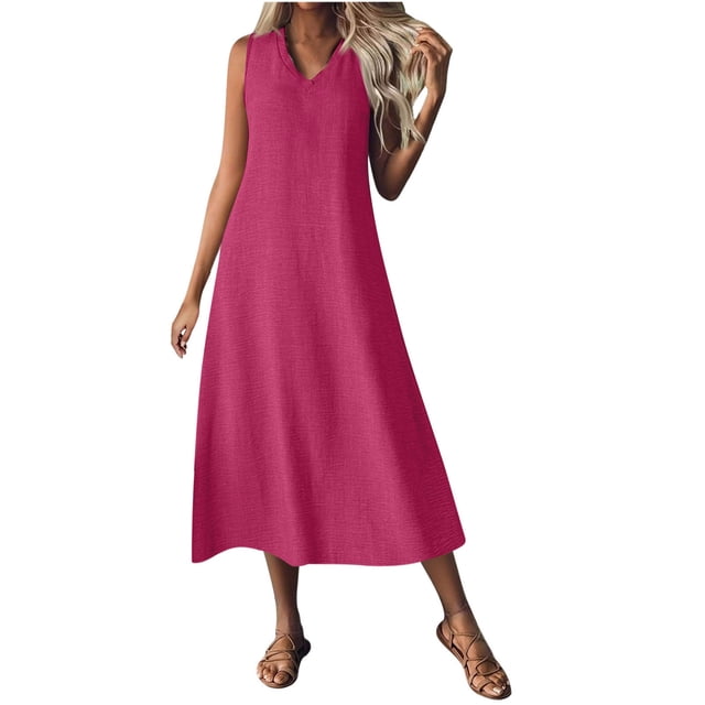 Mgmyaa Robe Longue Décontractée pour Femmes Été Sans Manches Col en V Robe Maxi Fête Mariage Vacances Plage Robe d'Été