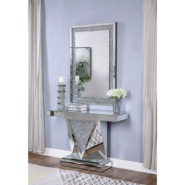 Acme Nie Console Table In Mirrored And Faux Diamonds Com Acme Nie Console Table In Mirrored, Entrance Console Table With Mirror