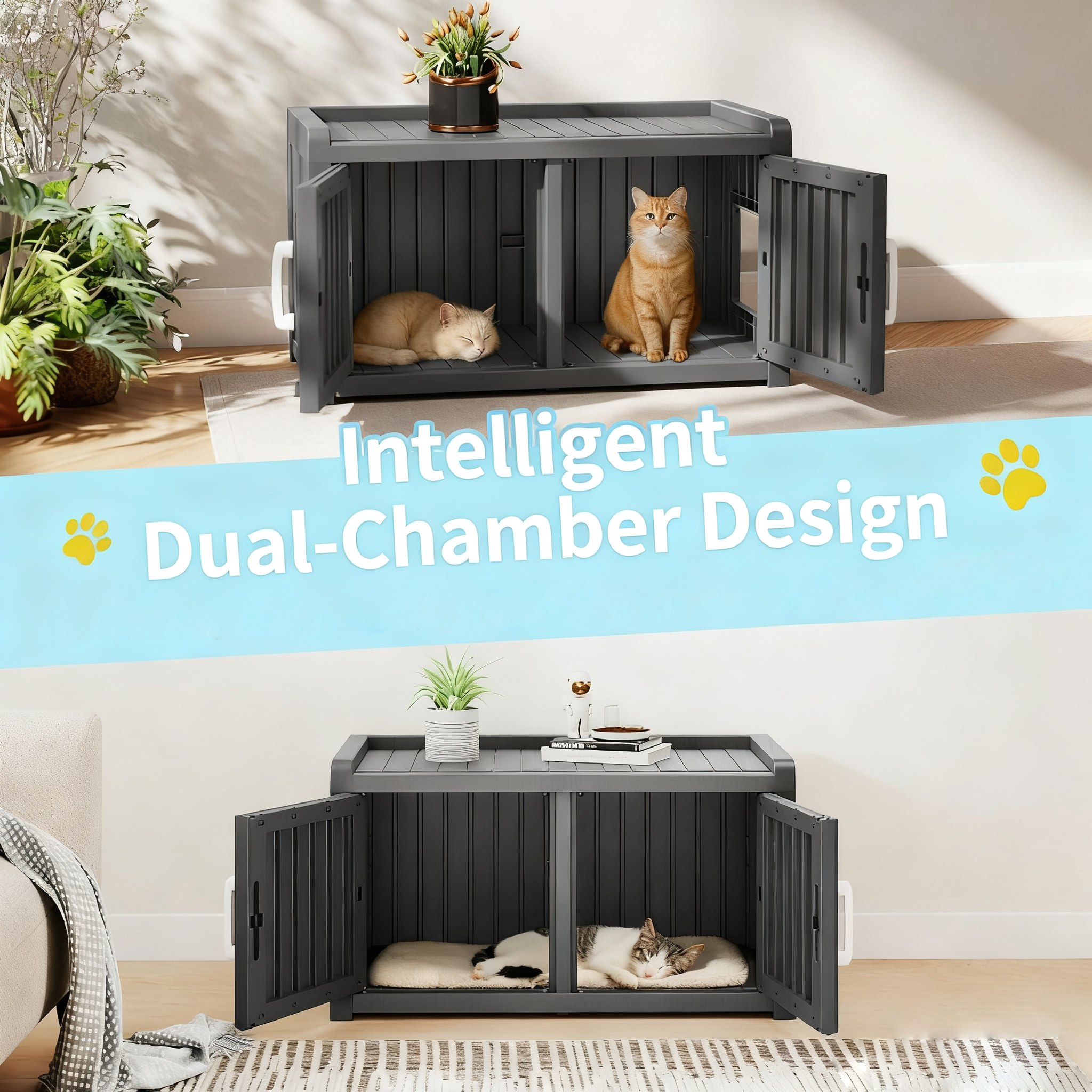 Decksplore Cat Cabinet (31.9"x16.7"x17.8"), HDPE Hidden Cat Litter Furniture, Dual-Door, Litter Box Furniture for Bedroom, Courtyard (Black)