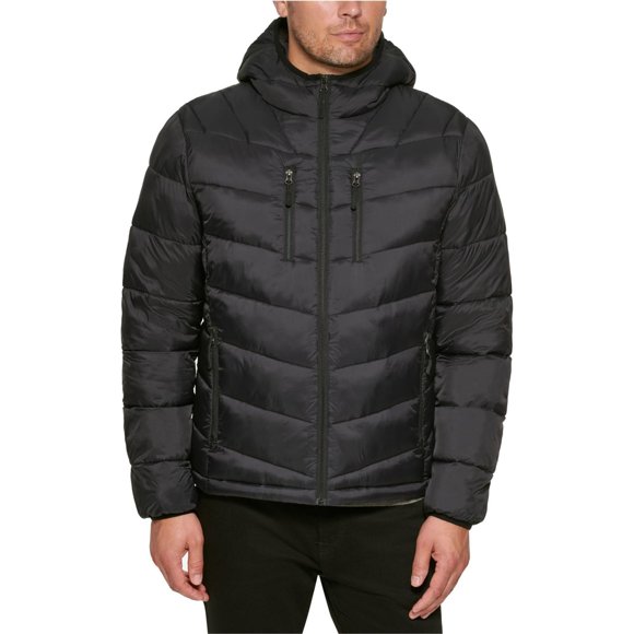 Club Room Mens Chevron Quilted Puffer Jacket, black, S