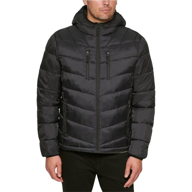 Club Room Mens Chevron Quilted Puffer Jacket, black, S