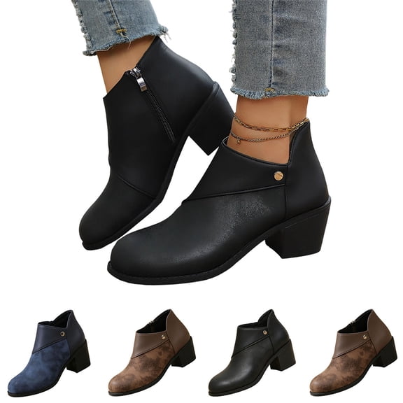 Willtoo Women's Block Heel Ankle Boots Side Zipper Retro Patchwork Casual Booties, Comfort Low Heel Daily Dress Short Boots