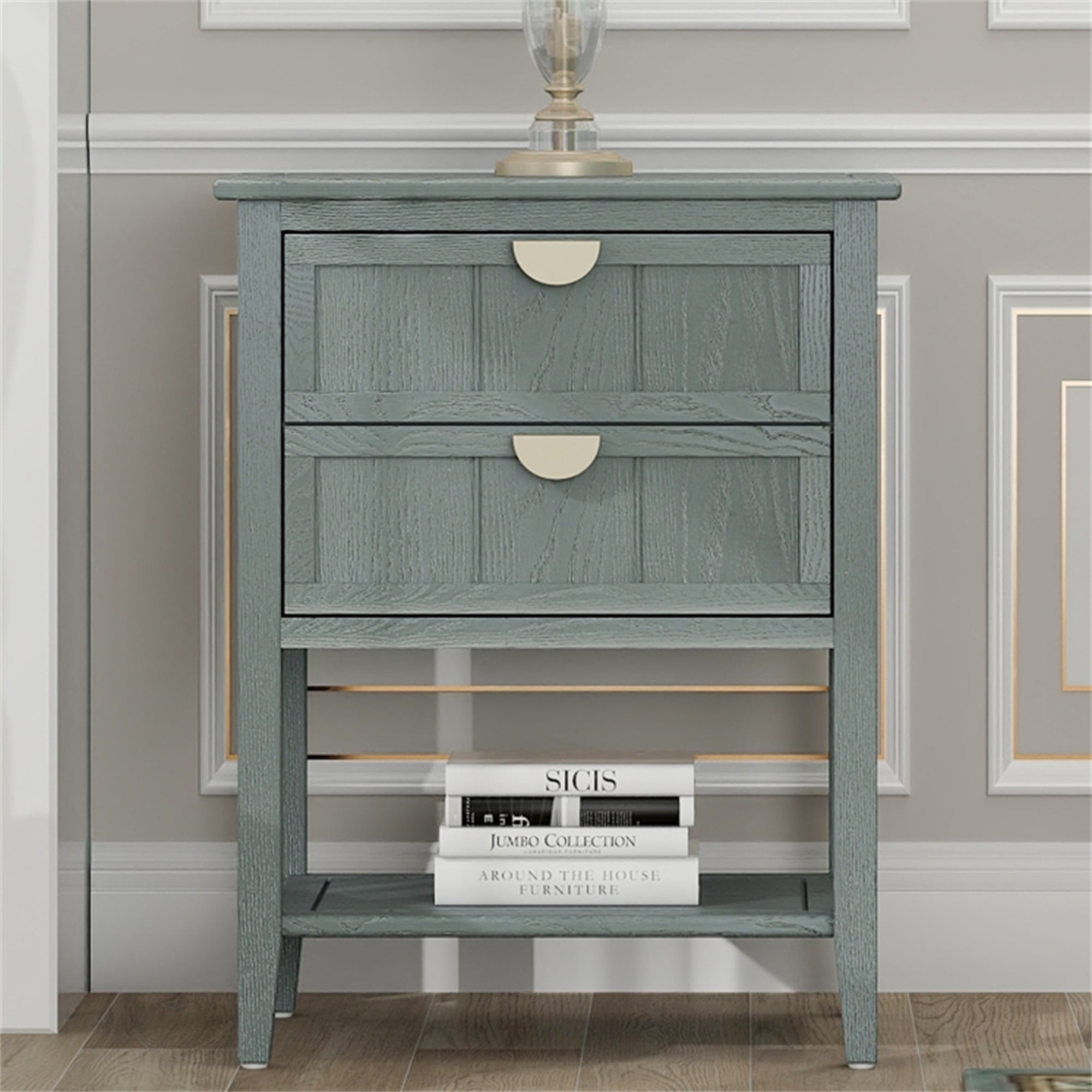 Resenkos Farmhouse Nightstand for Bedroom with 2 Drawers, Metal Handle Storage Bedside End Table, Olive Green Finish