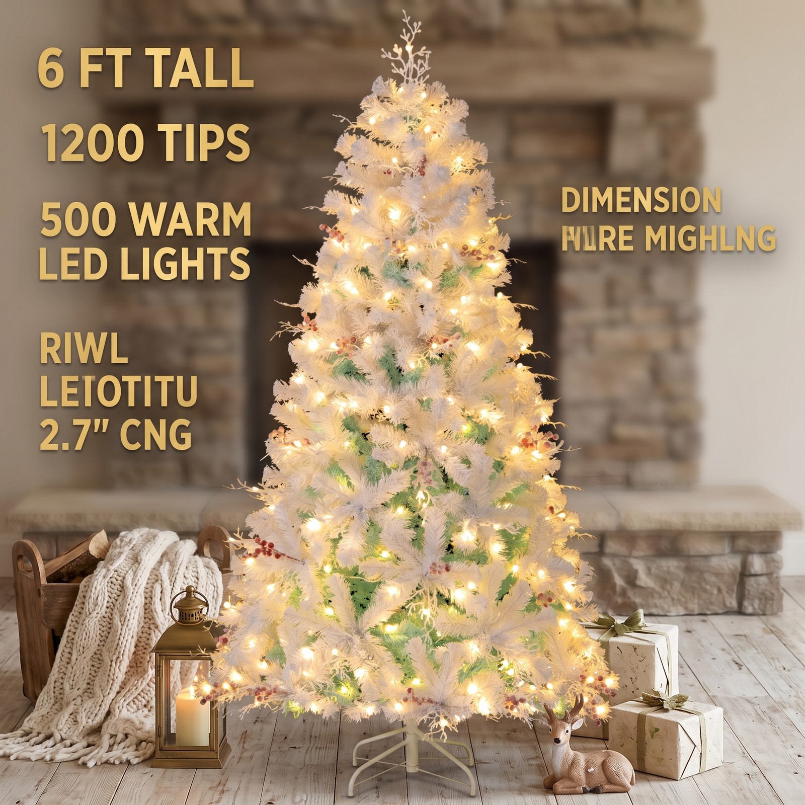 RUIE 6 FT Pre-Lit Artificial Christmas Tree with 250 Warm White LED Lights, Snow Flocked Branch Tips, Frosted Red Berries and Foldable Metal Base, White & Lake Blue