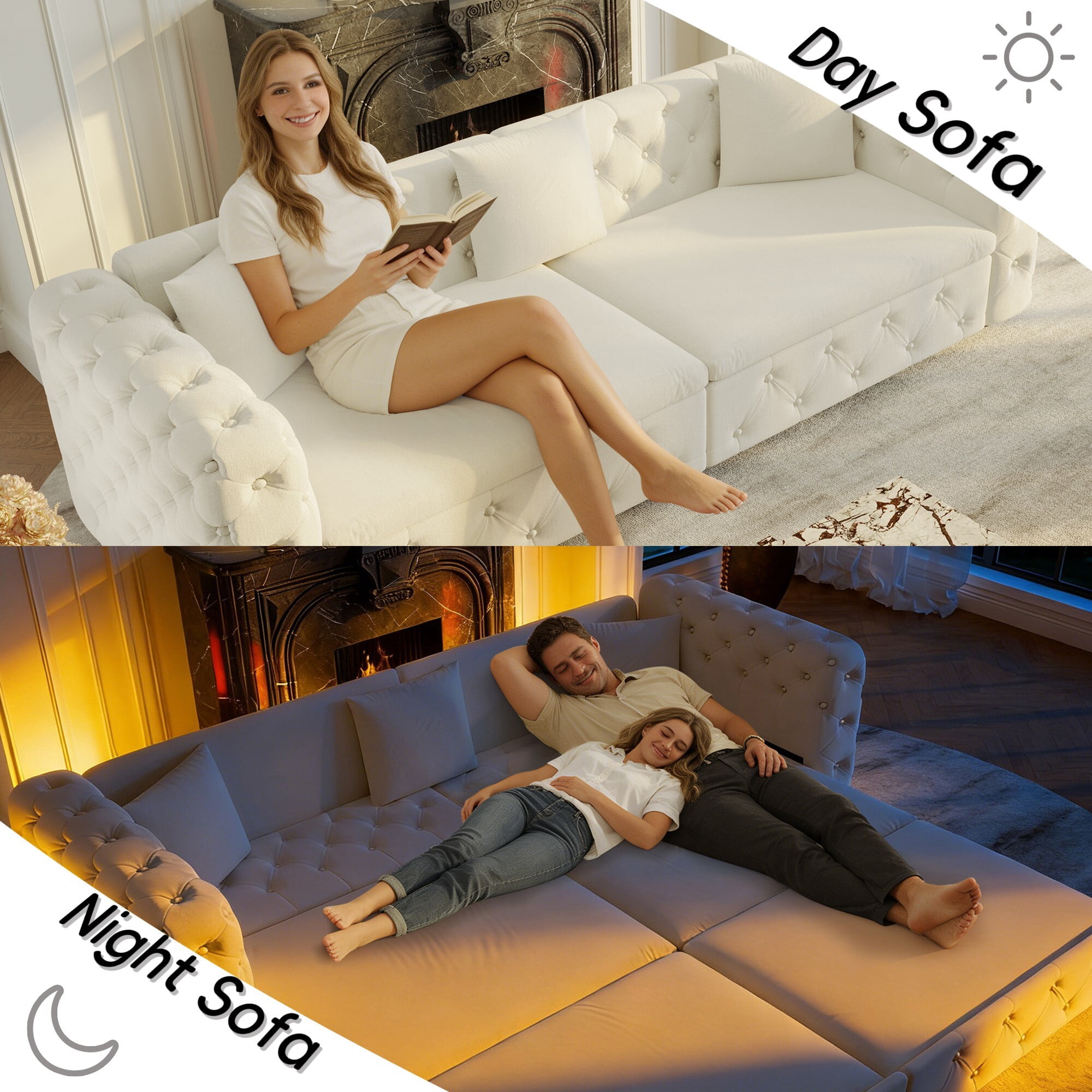DEALTOPS 89 Inch Chesterfield Tufted Velvet 3 in 1 Pull Out Sofa Bed, 4 Seater Tuxedo Living Room Couch, Beige