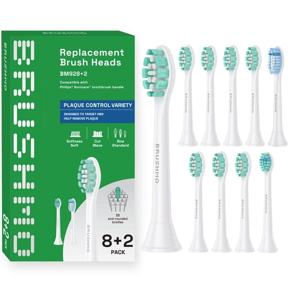 Brushmo Variety Replacement Toothbrush Heads Compatible with Philips Sonicare Click-on Handles, BM928 2, 10-Pack, White
