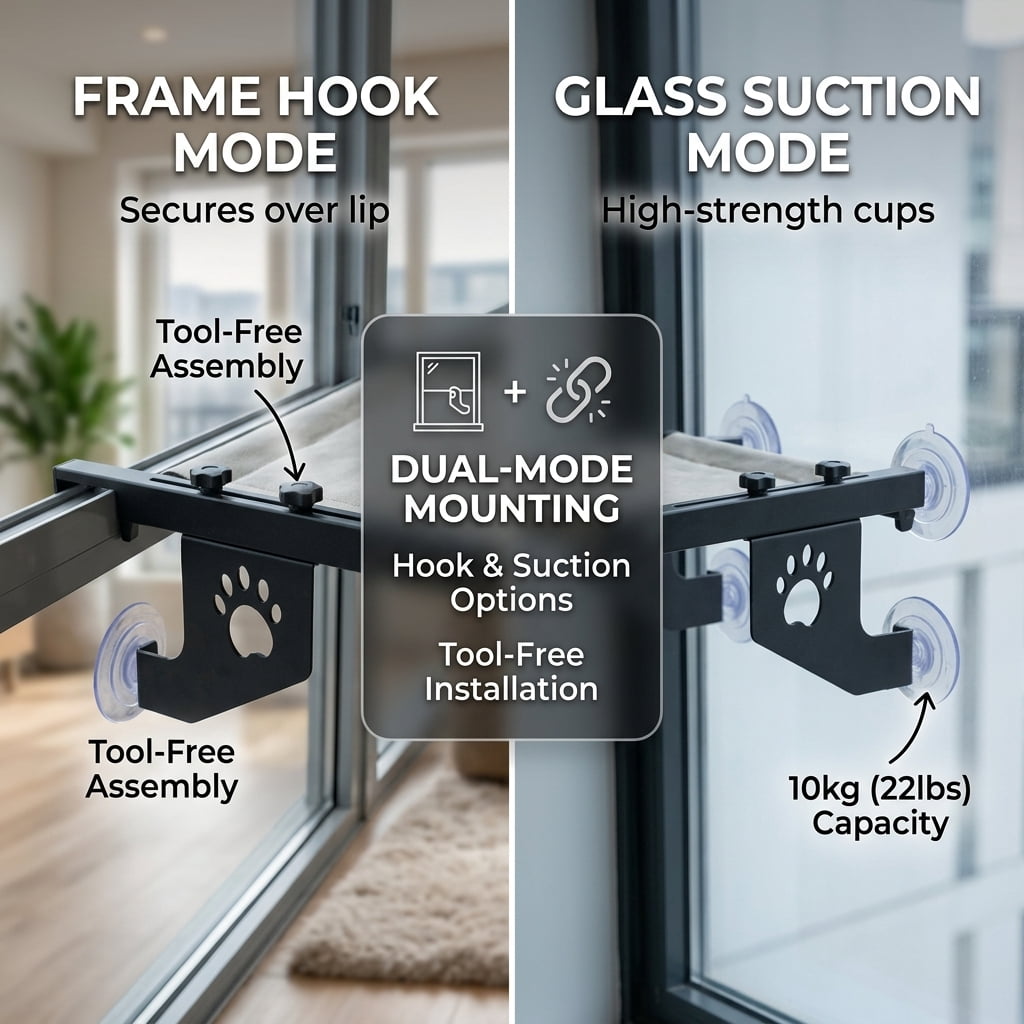 2-in-1 Cat Window Perch Hammock, Suction Cup & Hook-On Mount for Indoor Cats