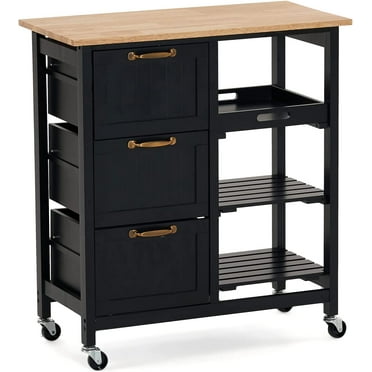 Kitchen Island Cart with 3 Drawers 2 Tier Holders 1 Removable Tray Black Rolling Kitchen Storage Home Serving Bar Cart Small Kitchen Microwave Trolley with Natural Solid Wood Top