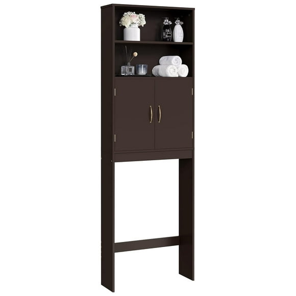 Over The Toilet Cabinet, Double Door Bathroom Storage Organizer, Toilet Rack with Inner Adjustable Shelf and 2 Upper Open Compartments, L25xW8xH77 Inches, Espresso