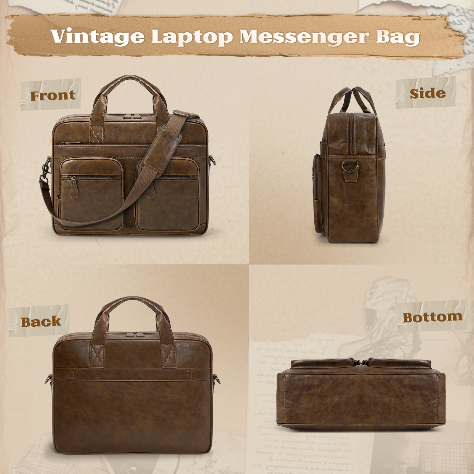 RAINSMORE 15.6 Inch Messenger Bag for Men Vintage PU Leather Laptop Bag Waterproof Computer Briefcases for Men Retro Mens Briefcase Satchel Bag for Work Office Business Travel,Brown