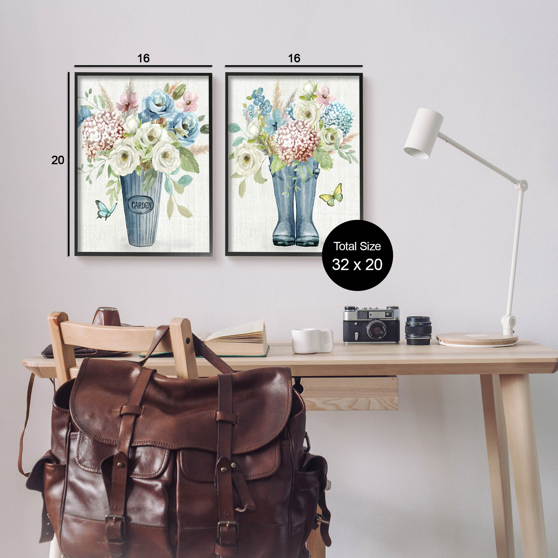 Country Garden Bouquets Rain Boots Botanical & Floral Graphic Art Black Framed Art Print Wall Art, Set of 2