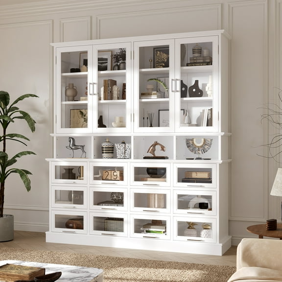 OXYLIFE 63" W Storage Cabinets with Glass Doors & Drawers, Modern Bookshelves and Bookcases, Glass Display Cabinet with Shelves for Living Room, Home Office, White