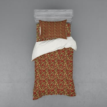 Ambesonne Ethnic Bedding Set 3 Pcs, Doodle Swirls Floral, Twin XL, Dark Coral Green Beige