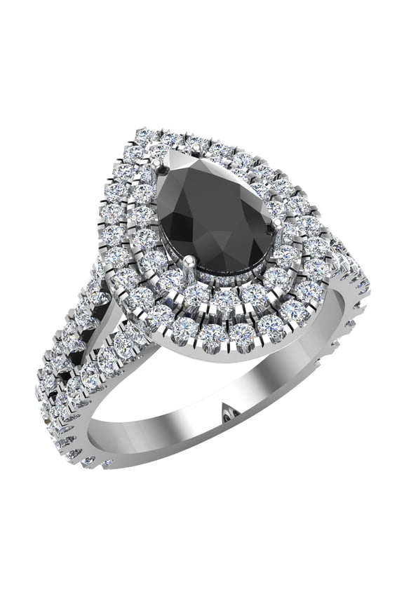 14K White Gold Engagement Rings for Women Pear Cut Black Diamond Double Halo Rings 2.90 carat (G,SI)