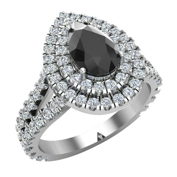 14K White Gold Engagement Rings for Women Pear Cut Black Diamond Double  Halo Rings 2.90 carat (G,SI)