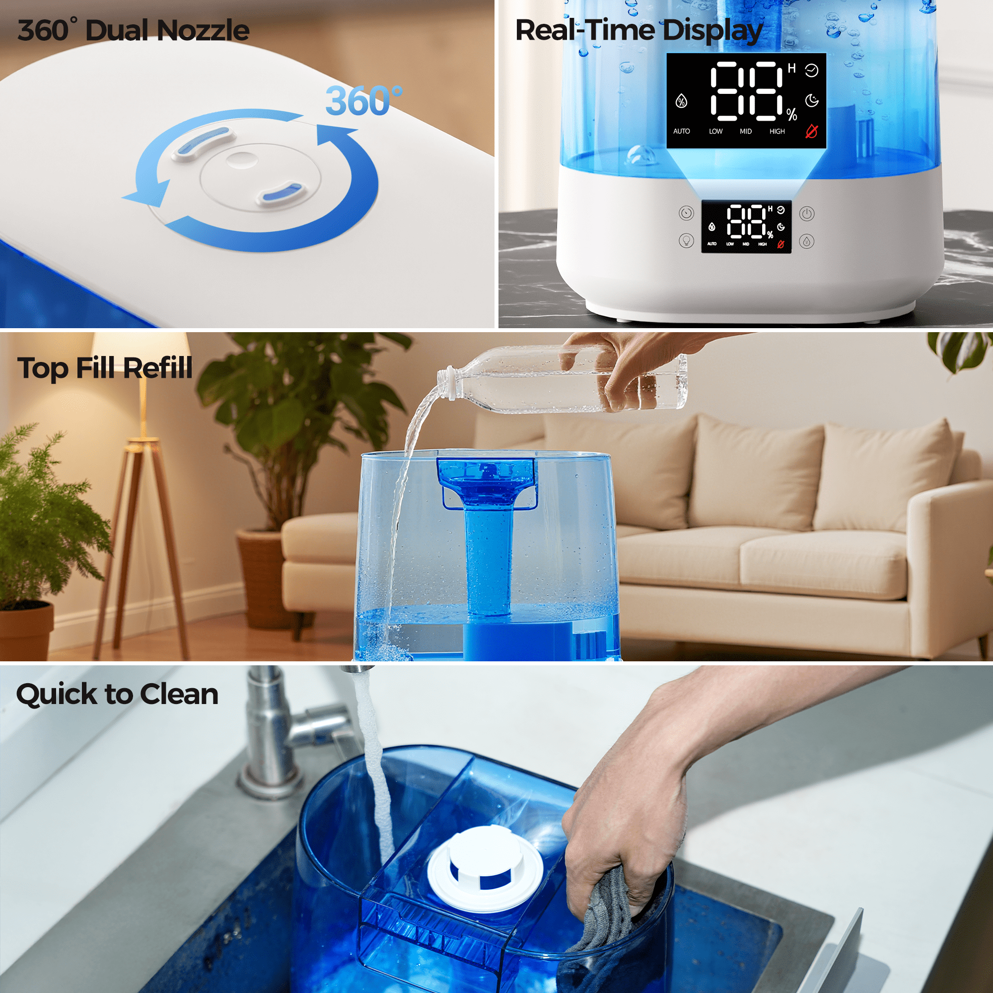 6L Humidifiers for Bedroom , Cool Mist Ultrasonic Humidifier with Humidity Sensor, Top Fill 60H & 28dB Quiet Runtime, 8+1 Color Night Lights, 360° Dual Nozzle--Blue