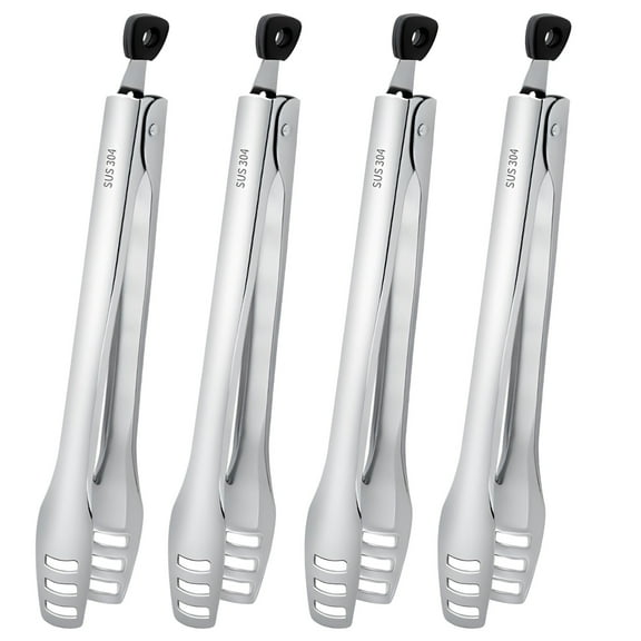 4 Pcs Stainless Steel Tongs for Cooking, Kitchen Food Serving, Buffet Party, 10.6 in/27 cm Locking Utensils with Hollow Head, Food-safe Material