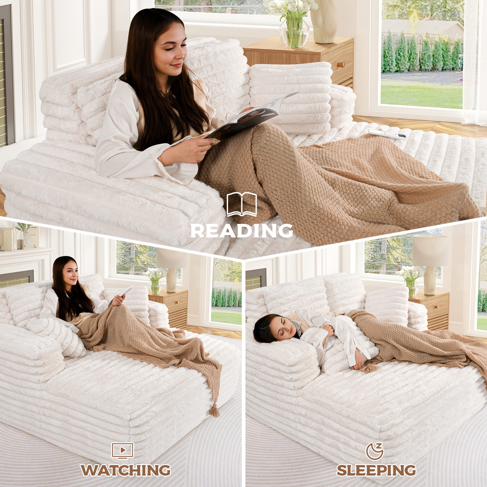 Muumblus Oversized Chaise Lounge Chair Indoor Furniture, No Assembly Required, Plush Corduroy Upholstered Sofa Bed Cozy Sleeper Couch for Living Room, Bedroom, Beige White